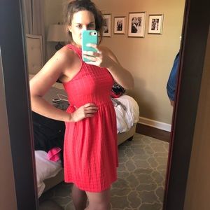 Bright salmon color knit waffled dress